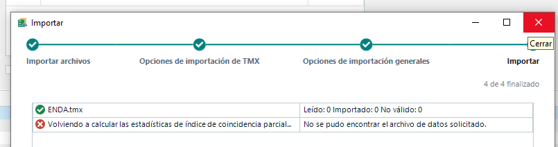 Trados Studio import error showing 'File not found' for ENDA.tmx during partial coincidence statistics calculation.