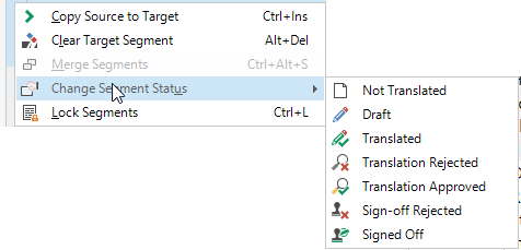 Dropdown menu in Trados Studio with options to change segment status, including Not Translated, Draft, Translated, Translation Rejected, Translation Approved, Sign-off Rejected, and Signed Off.