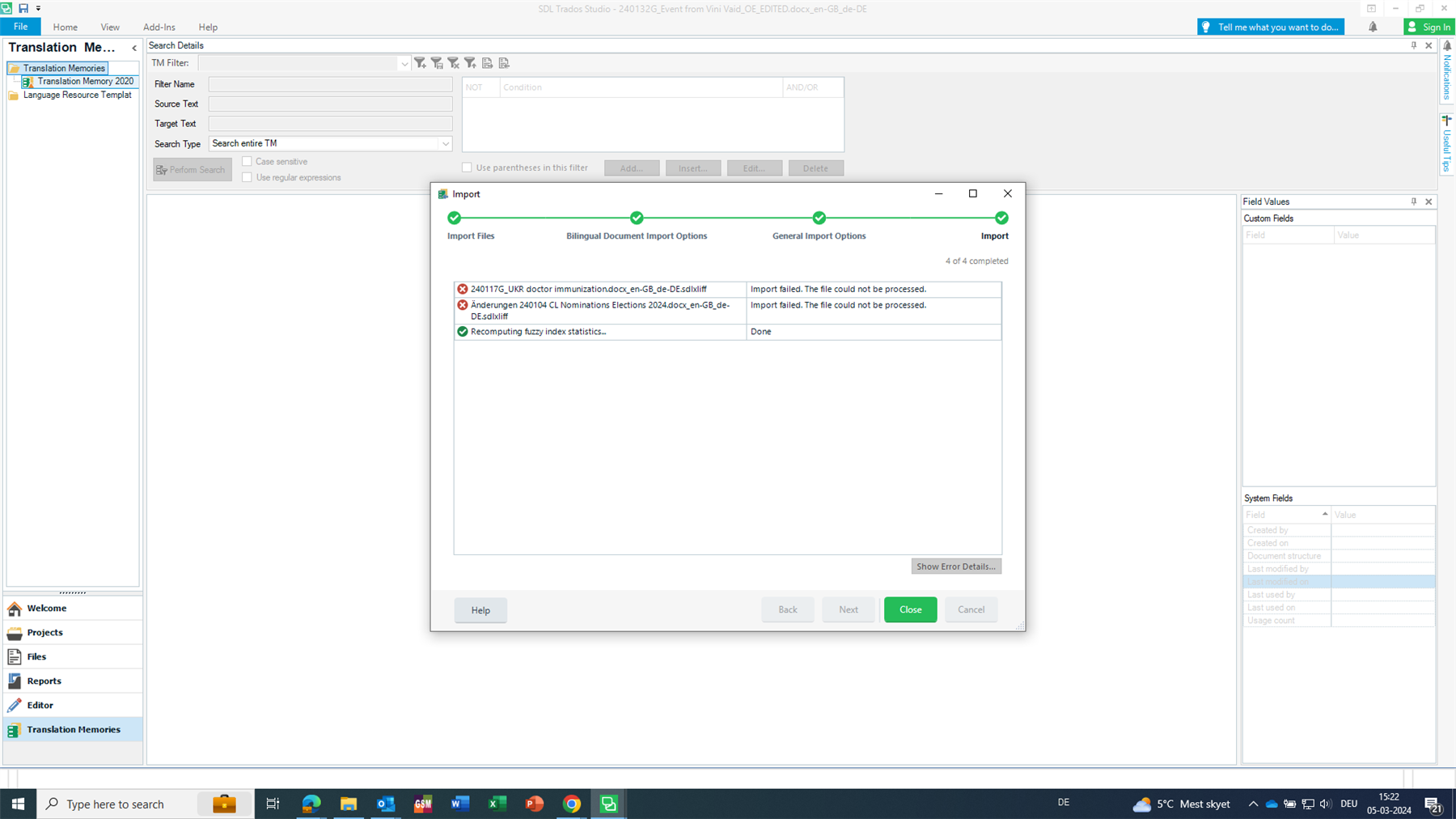 Trados Studio import error message stating 'Import failed. The file could not be processed.' for two sdlxliff files with details of file names and status.