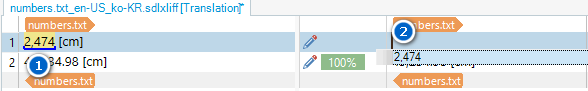 Trados Studio screenshot showing source number 2,474 with blue underline and its translation in Korean, with a 100% match from TM.