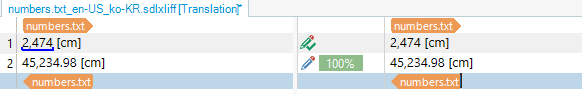 Trados Studio screenshot displaying source number 45,234.98 with blue underline and its Korean translation, auto-propagated with a 100% TM match.