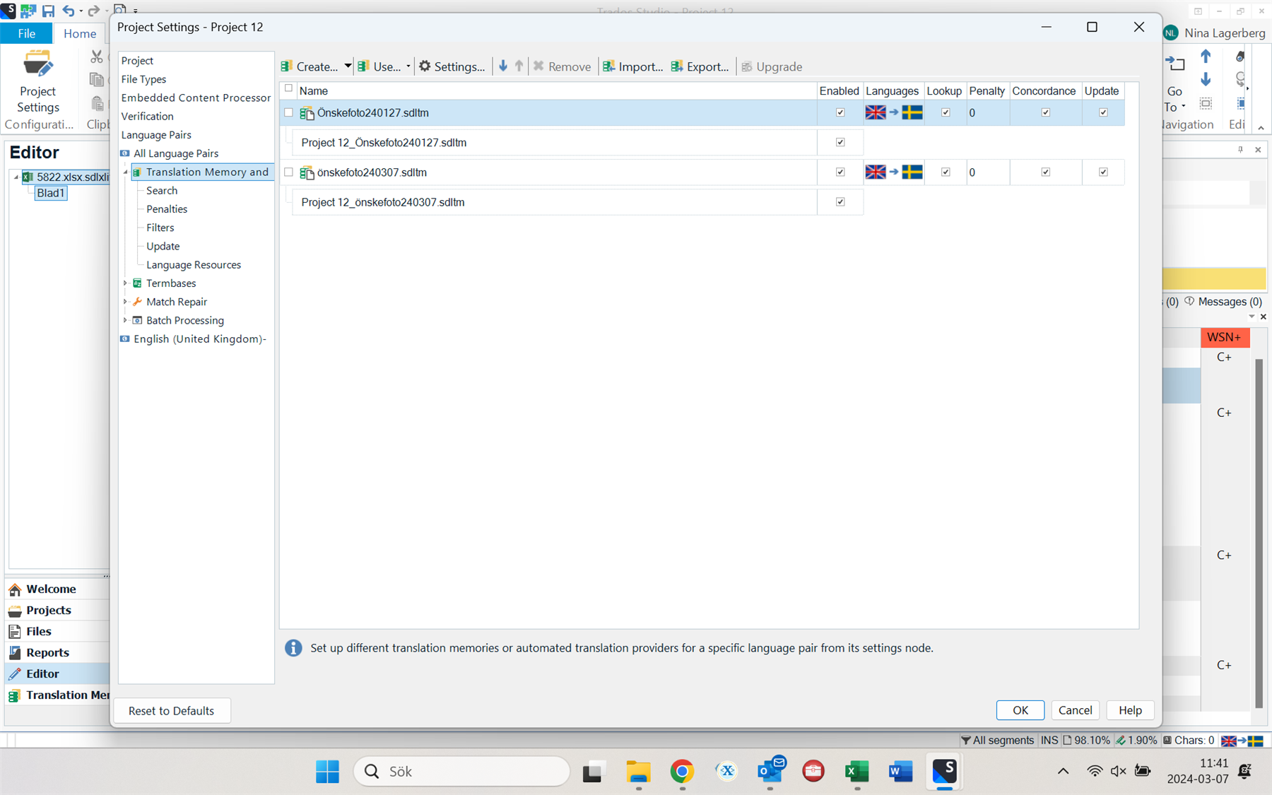 Trados Studio Project Settings window with Translation Memory and Automated Translation settings, showing two TMs with unchecked 'Enabled' boxes.