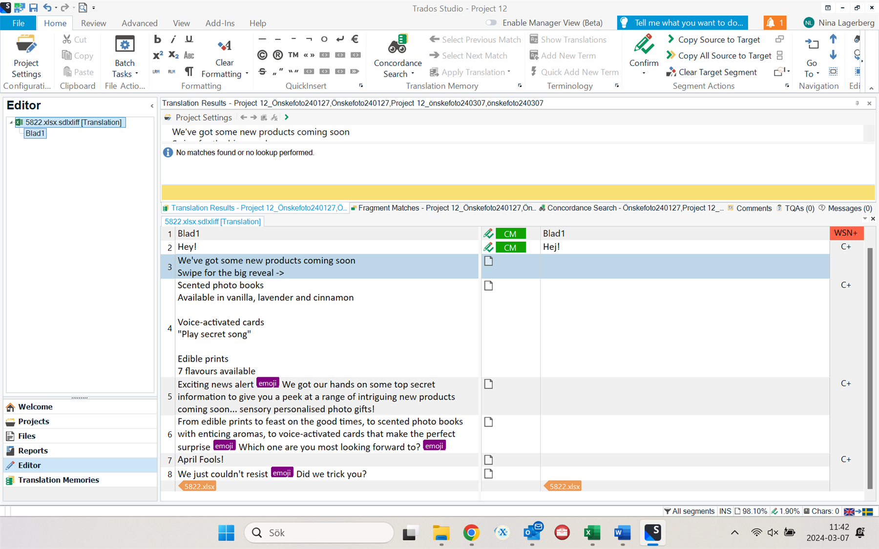 Trados Studio Editor showing a message 'No matches found or no lookup performed' in the translation results pane for a selected segment.