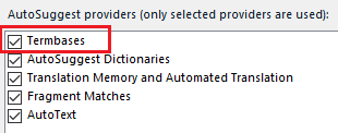 AutoSuggest options in Trados Studio with 'Termbases' checkbox ticked, indicating it is enabled for use.