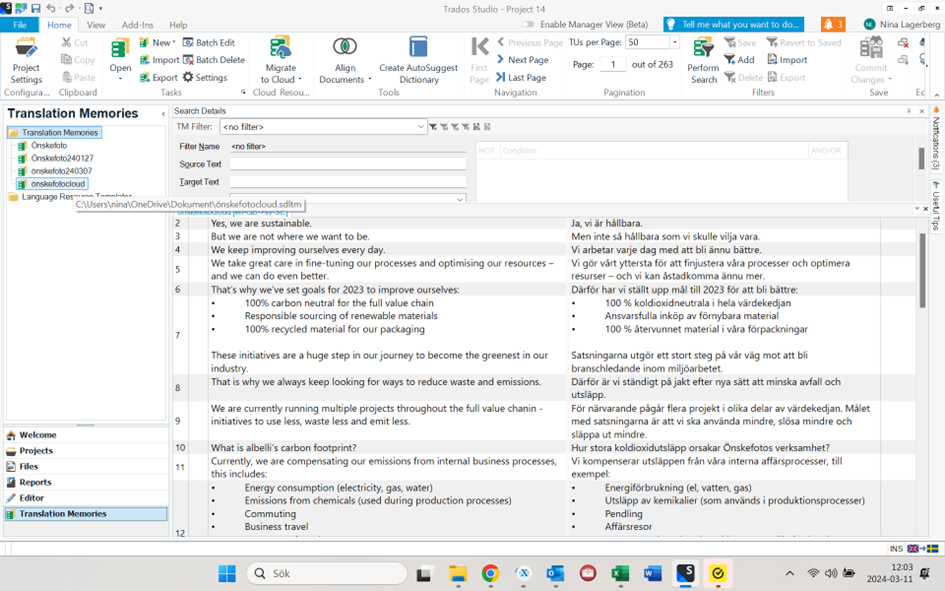 Trados Studio interface showing Translation Memories with a list of files in OneDrive directory and a bilingual text editor with English and Swedish text.