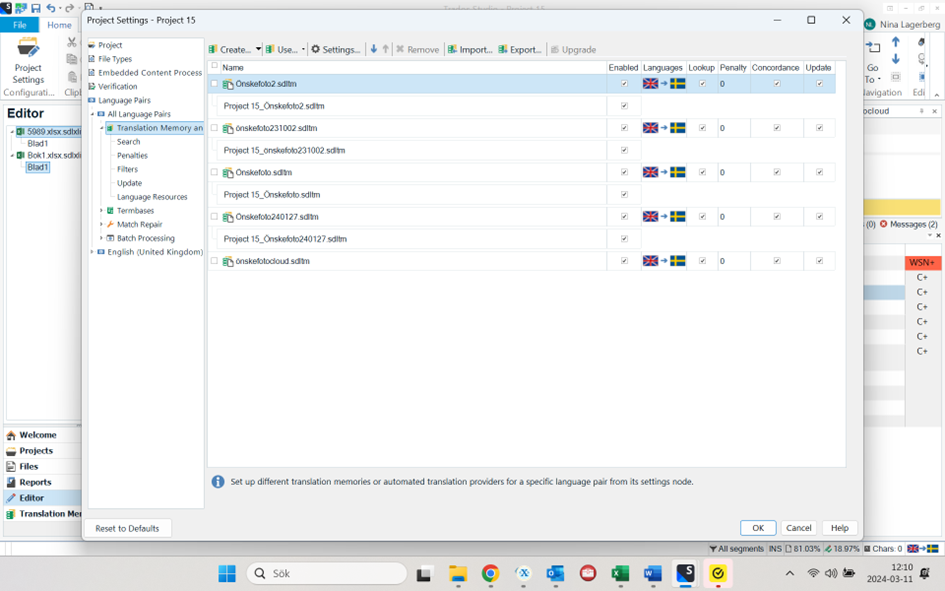 Trados Studio Project Settings window displaying a list of Translation Memory files with enabled languages and lookup penalties.