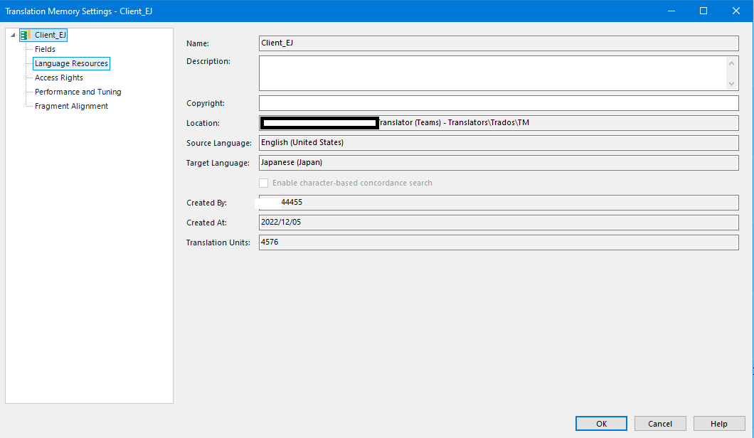 Trados Studio Translation Memory Settings showing the correct language pair English (United States) as the source and Japanese (Japan) as the target.