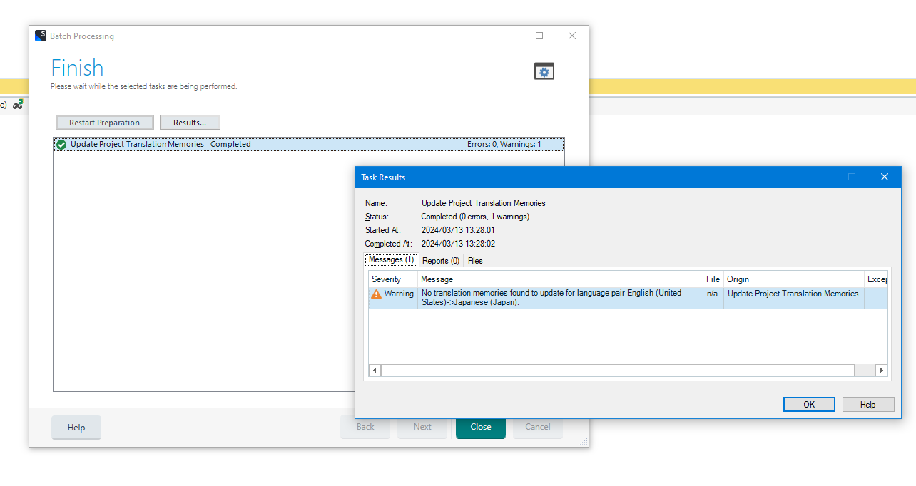 Trados Studio warning message stating 'No translation memories found to update for language pair English (United States)->Japanese (Japan).'