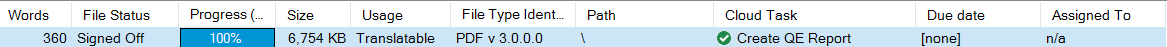 Trados Studio project view showing a file with 'Signed Off' status, 100% progress, and a 'Create QE Report' task available.