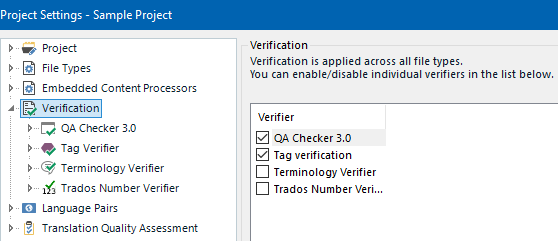 Trados Studio Project Settings window showing Verification options with Tag Verifier checkbox ticked.