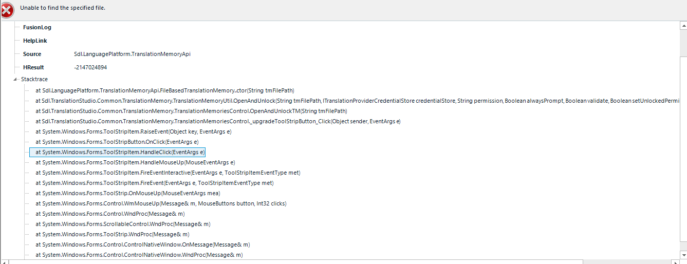 Error message in Trados Studio 2022 displaying 'Unable to find the specified file.' with a detailed stack trace referencing TranslationMemoryApi and TranslationMemoryUI components.