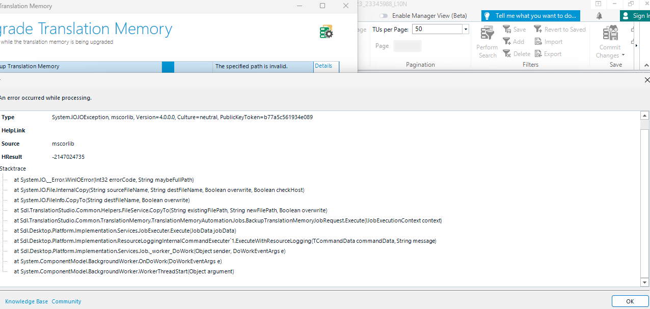Trados Studio error message window showing 'The specified path is invalid' with details of a System.IO.IOException and a stack trace of the error.