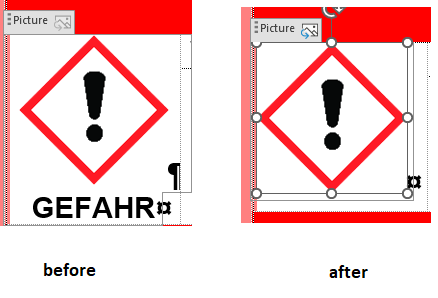 Screenshot before editing shows a warning icon with the text GEFAHR inside the image control in Trados Studio.