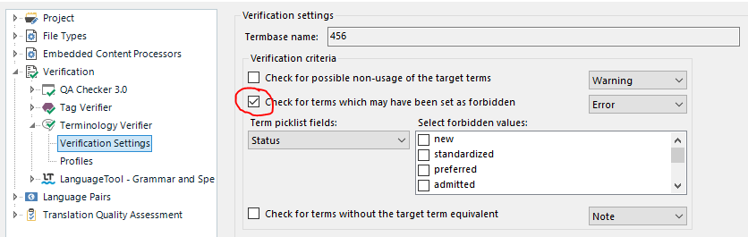 Trados Studio verification settings window showing an error icon next to 'Check for terms which may have been set as forbidden' option.