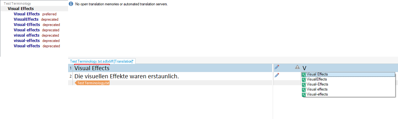 Trados Studio screenshot showing a list of terms with 'Visual Effects' marked as preferred and variations marked as deprecated. Autocomplete dropdown visible with term options.