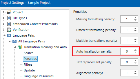 Trados Studio Project Settings window showing Penalties section with Auto-localization penalty set to 0 highlighted in red.