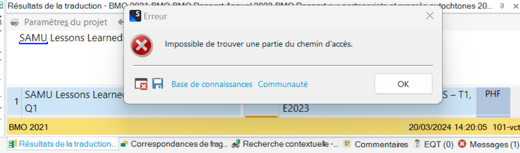 Error message in Trados Studio saying 'Impossible de trouver une partie du chemin d'acces' which translates to 'Unable to find a part of the access path'.