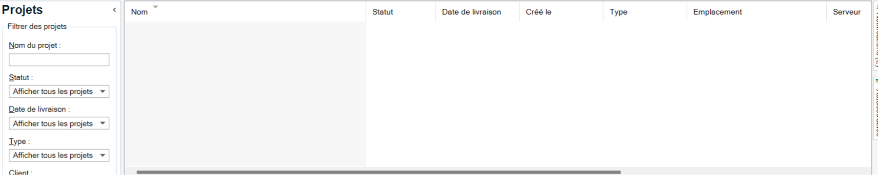 Trados Studio Projects List view showing no projects displayed in the list.