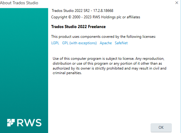 Screenshot of Trados Studio 2022 SR2 version information and licensing details, with no visible errors or warnings.