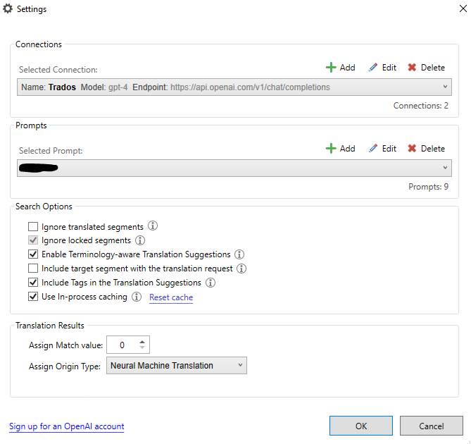 Trados Studio settings dialog showing connections to gpt-4 with selected options for search and translation results.
