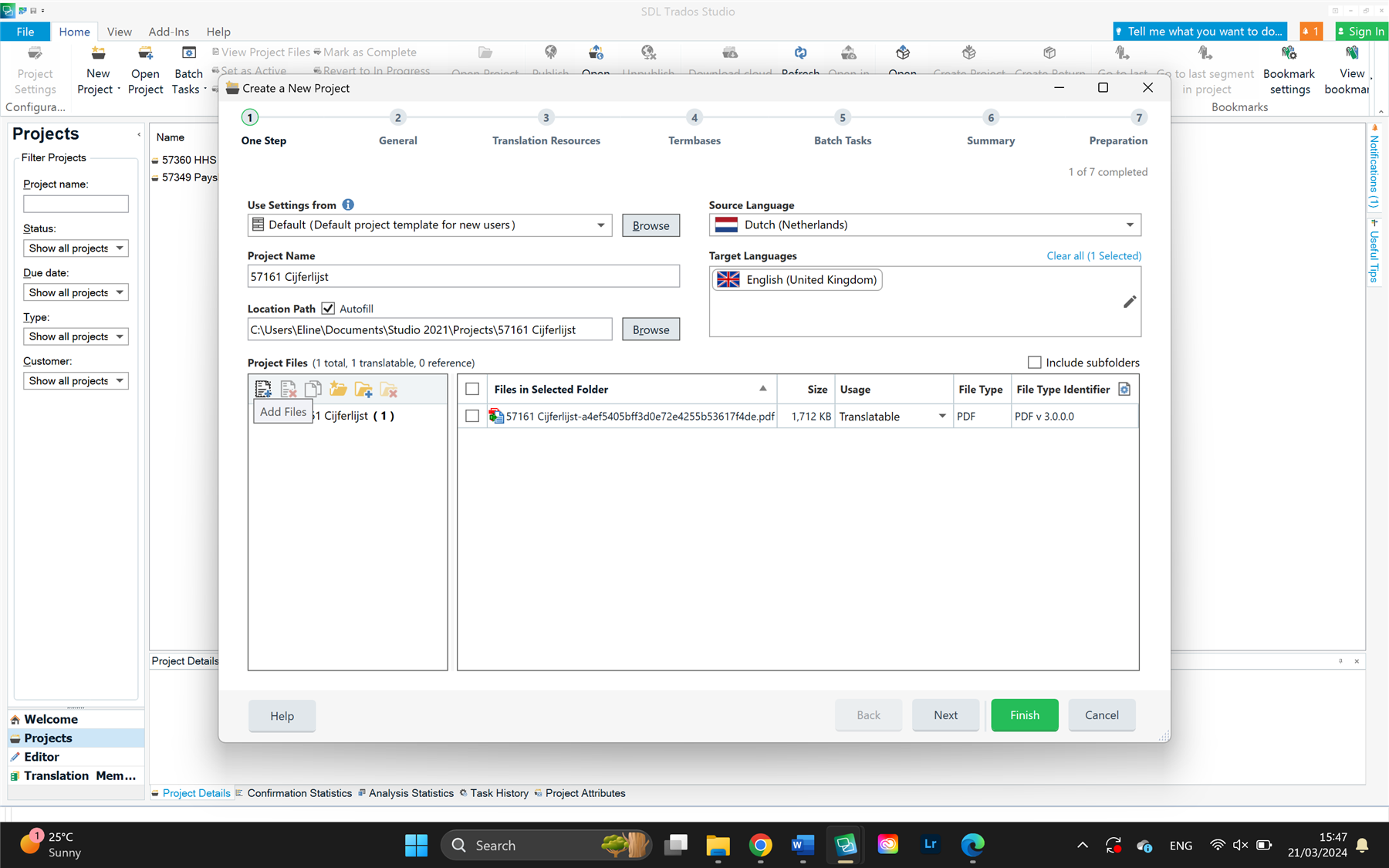 Trados Studio screenshot showing the 'Create a New Project' window with a PDF file added but no further action visible.