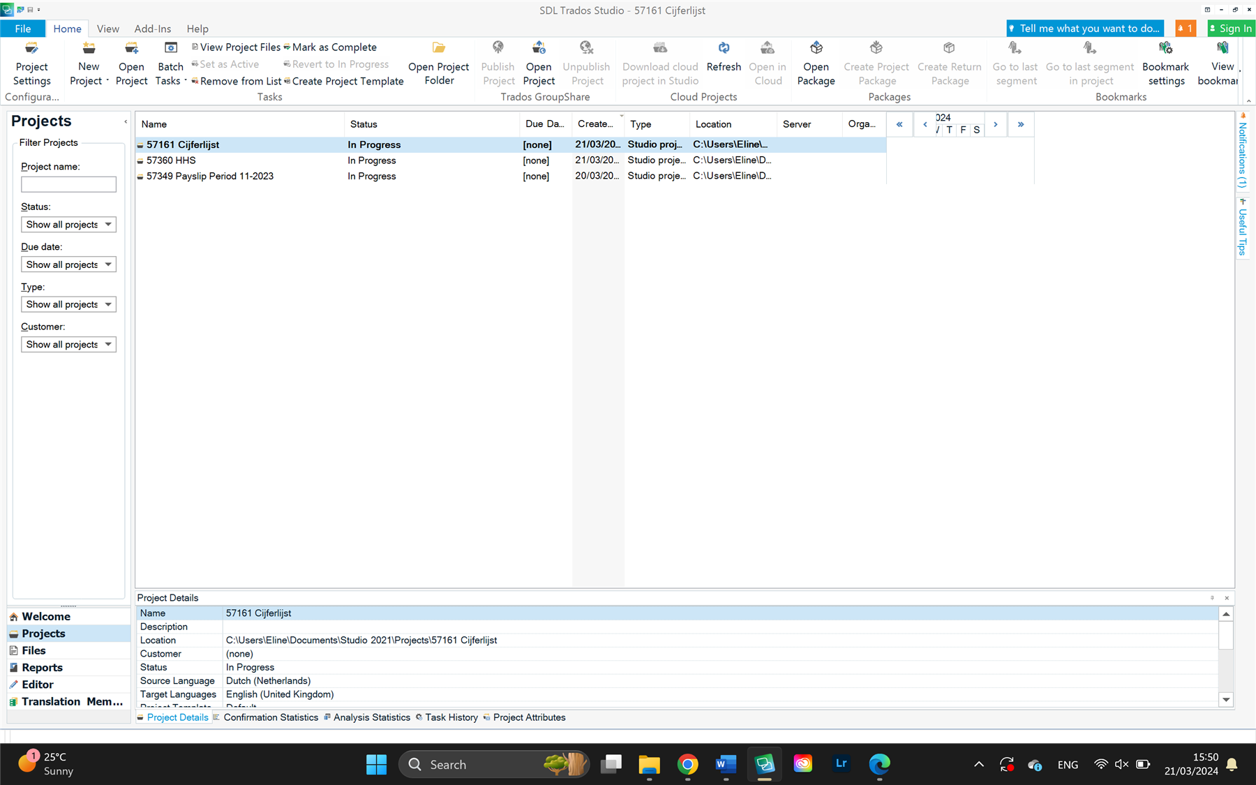 Trados Studio screenshot displaying the 'Projects' view with the project '5761 Cijferlijst' status as 'In Progress' and no visible errors.