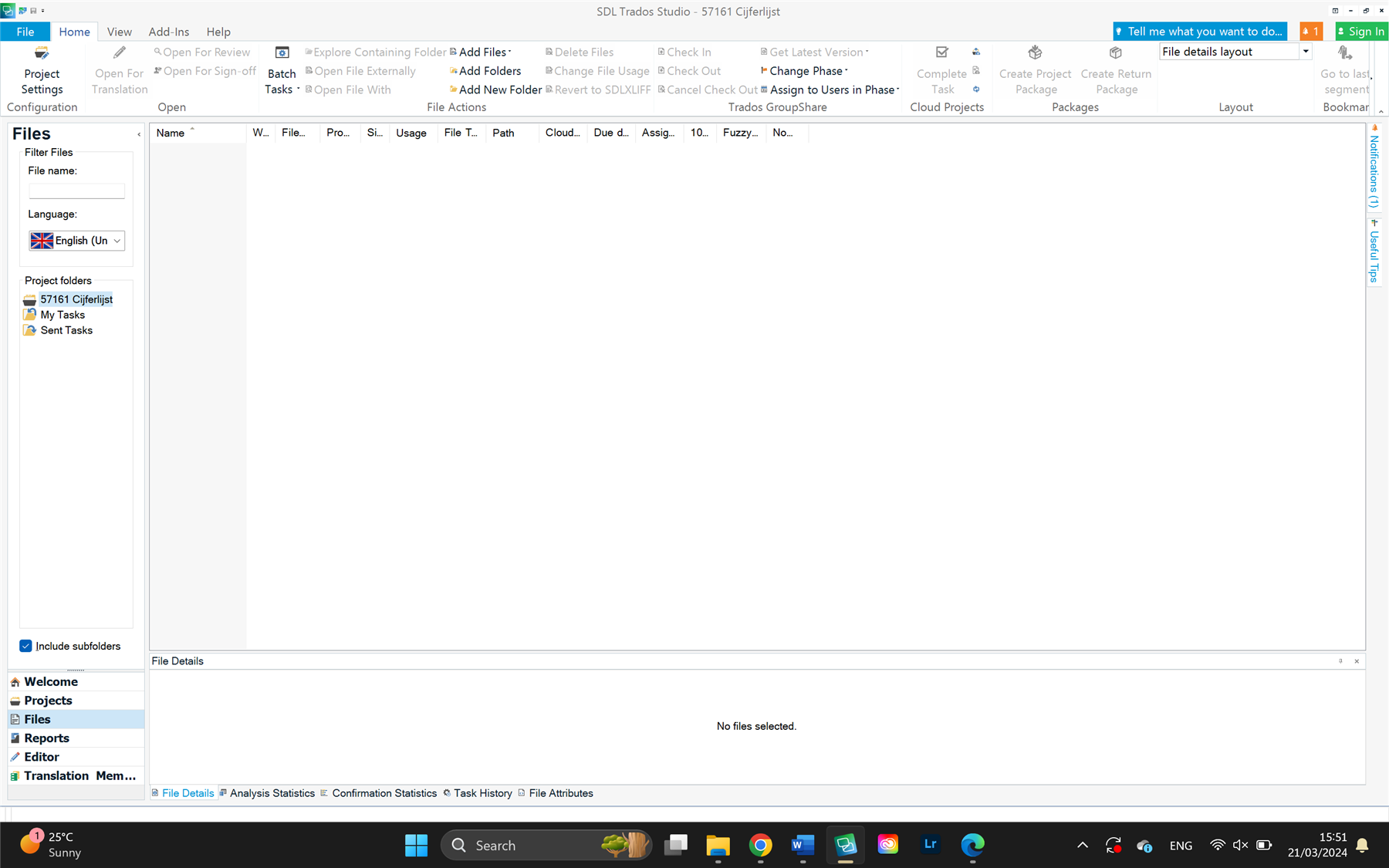Trados Studio screenshot of the 'Files' view within a project showing an empty file list with no files selected or visible.