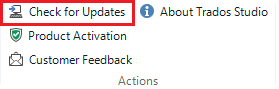 Trados Studio Help ribbon displaying 'Check for Updates' button highlighted with a red box, followed by 'About Trados Studio', 'Product Activation', and 'Customer Feedback' options.