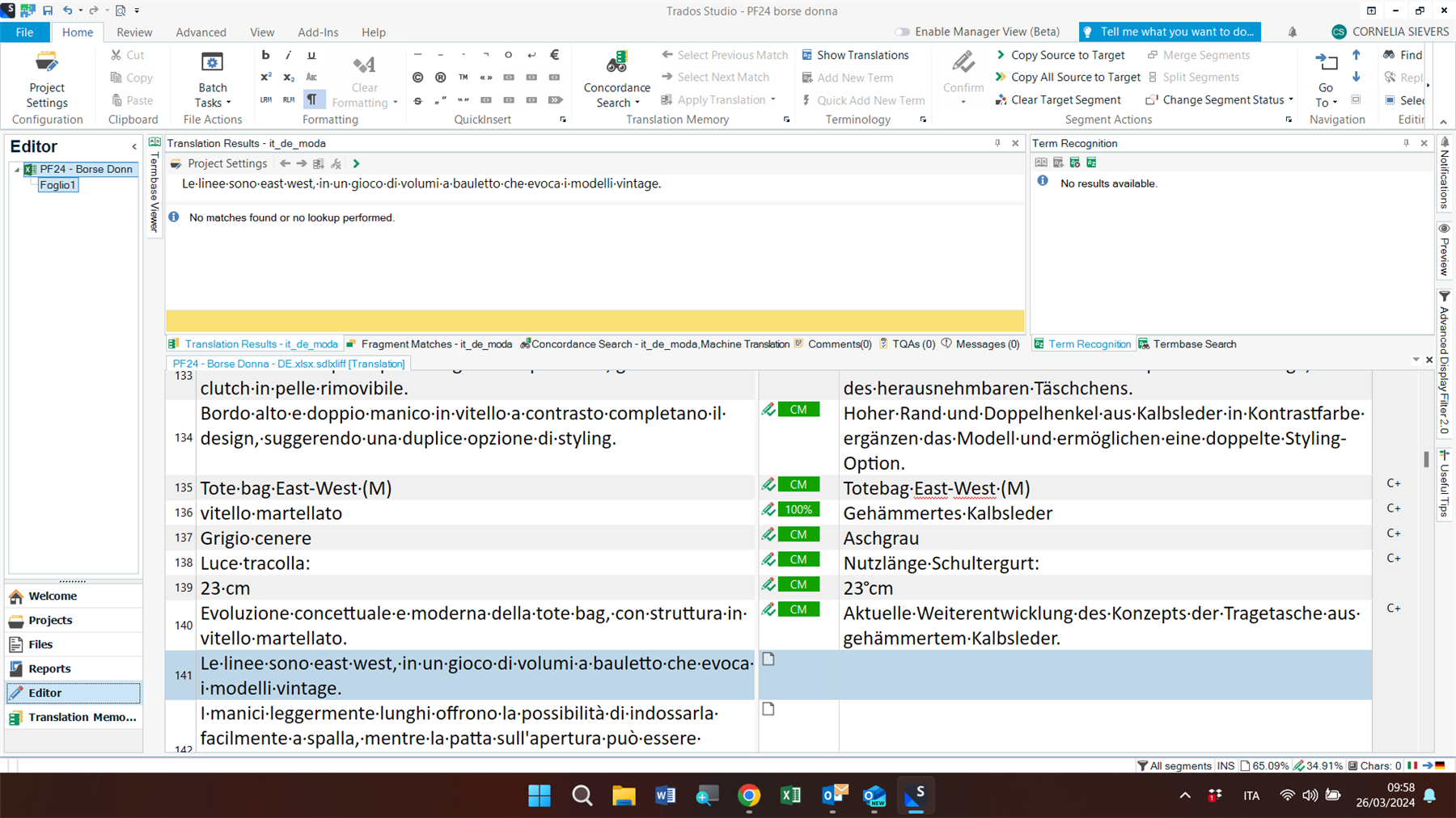 Screenshot of Trados Studio showing the Editor window with a message 'No matches found or no lookup performed' in the Translation Results pane.