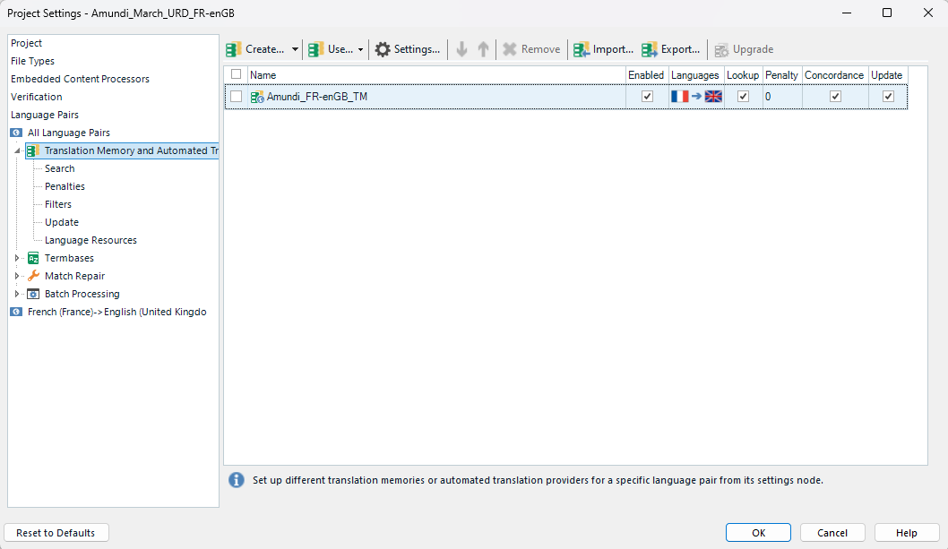 Trados Studio Project Settings window showing Translation Memory and Automated Translation settings with 'Amundi_FR-enGB_TM' selected and enabled.