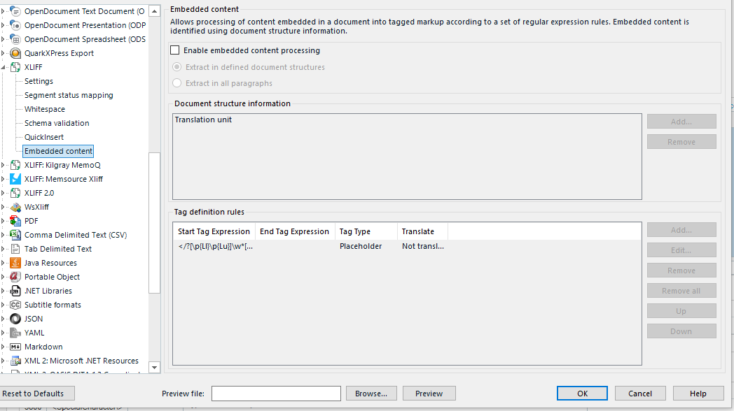 Trados Studio screenshot showing XLIFF file type settings with a focus on Embedded content section. Options for enabling embedded content processing and defining tag rules are visible.