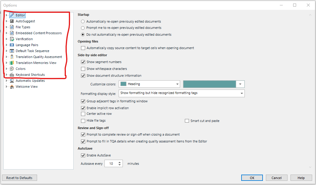 Trados Studio Options window showing Editor settings with various options like Startup, Opening files, Side-by-side editor, Customize colors, Review and Sign-off, and AutoSave.