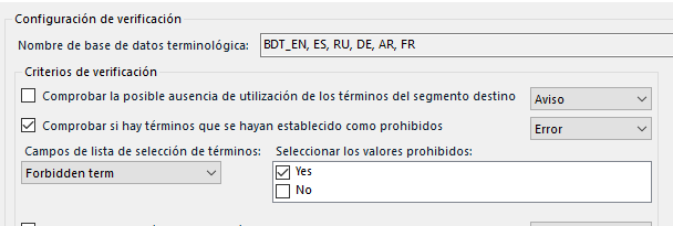 Trados Studio verification configuration window showing options for checking forbidden terms in a terminological database named BDT_EN, ES, RU, DE, AR, FR.