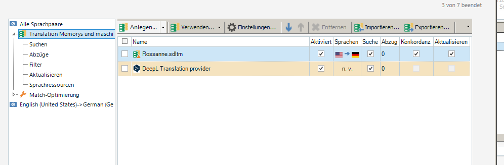 Trados Studio screenshot displaying Translation Memory and Machine Translation settings with 'Rossanne.sdlm' and 'DeepL Translation provider' listed.