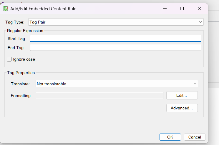 Trados Studio dialog box for adding or editing an embedded content rule with fields for 'Start Tag' and 'End Tag' and options for 'Translate' and 'Formatting'.