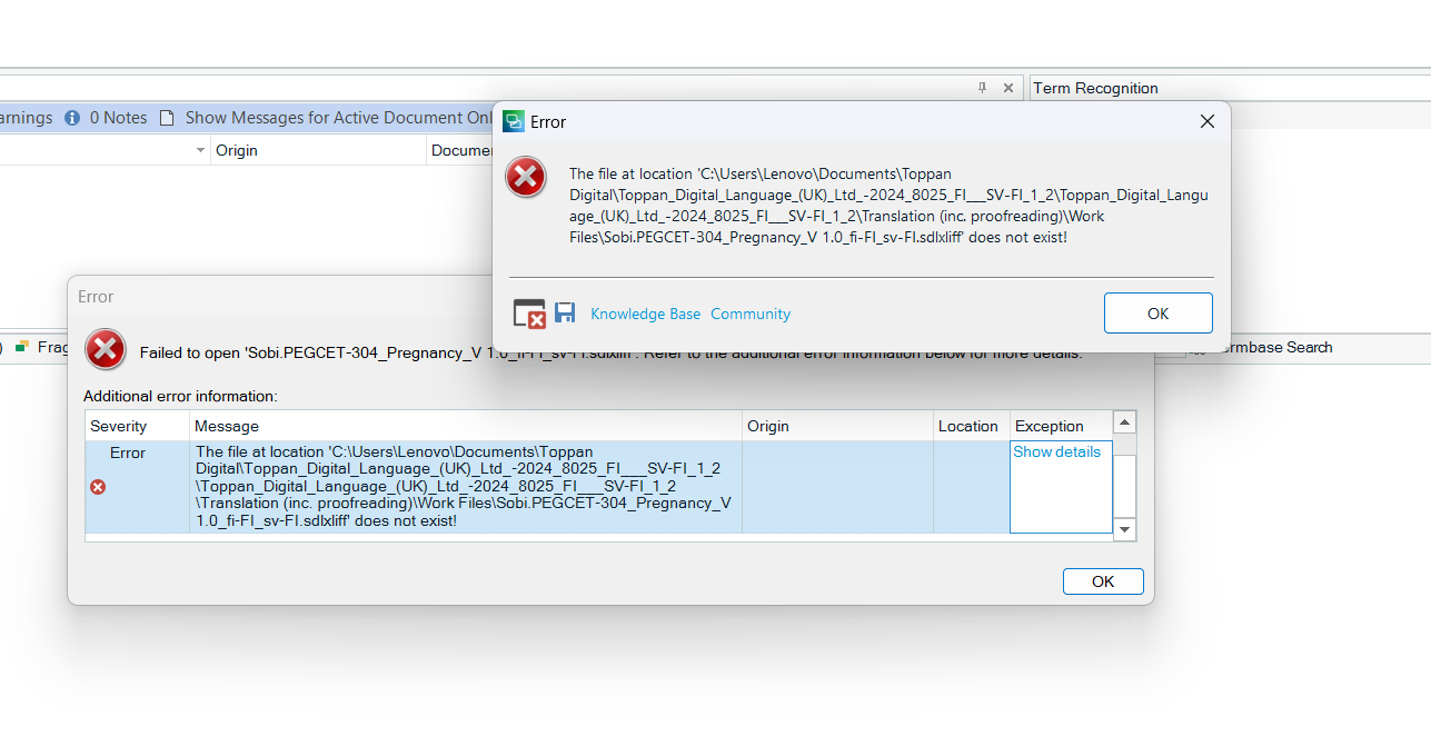 Trados Studio error message stating 'Failed to open file' with file path and 'does not exist' error for an xliff file with a long name.