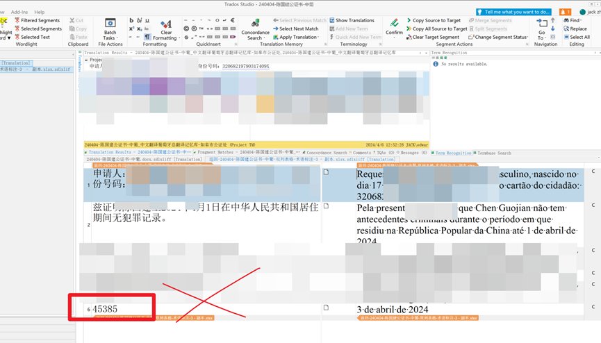 Trados Studio screenshot with an error where the same date is displayed as '6.45385' in red, with a red cross indicating incorrect format.