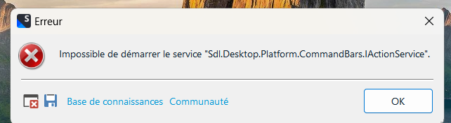 Error dialog box in Trados Studio with message: 'Impossible to start the service Sdl.Desktop.Platform.CommandBars.IActionService'. Buttons for 'Knowledge Base' and 'Community' are visible, along with an 'OK' button.