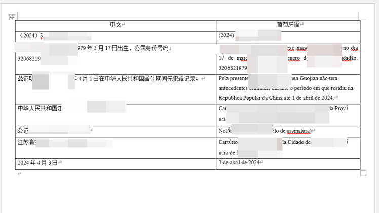 Screenshot of a bilingual table in a Microsoft Word document with Chinese text on the left and Portuguese text on the right.