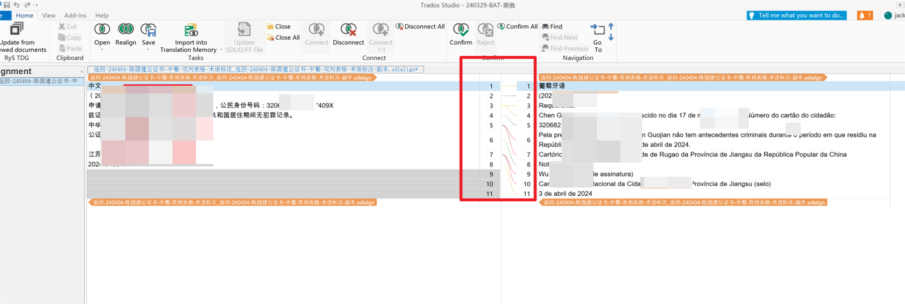 Screenshot of Trados Studio interface showing a document with bilingual table alignment issues. The navigation pane on the right highlights several misaligned segments.