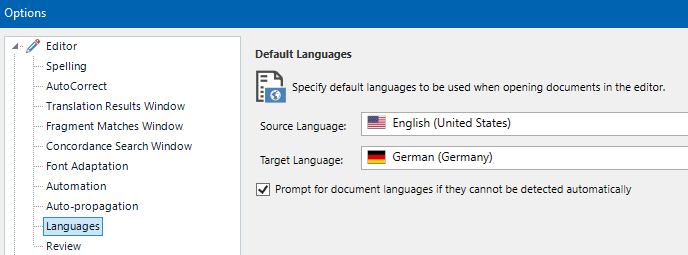 Trados Studio Options menu showing Editor settings with Default Languages tab selected. Source Language set to English (United States) and Target Language set to German (Germany). Checkbox for prompting document languages is checked.