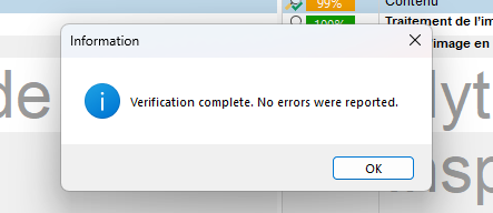 Trados Studio information dialog box stating 'Verification complete. No errors were reported.' with an OK button.