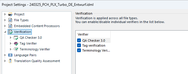 Trados Studio project settings window showing 'Verification' selected with 'QA Checker 3.0', 'Tag verification', and 'Terminology Verifier' enabled.