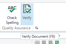 Close-up of Trados Studio toolbar with 'Verify Document (F8)' button highlighted indicating the action to verify the document.