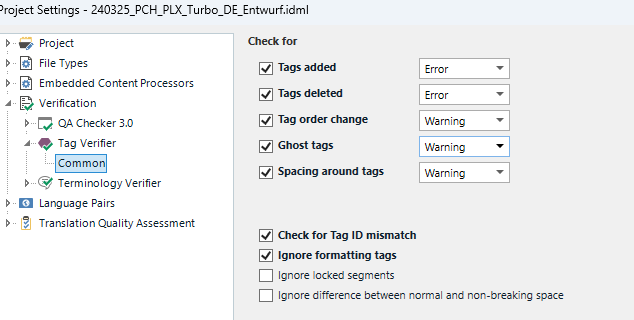 Trados Studio project settings window showing Verification options with checks for Tags added, Tags deleted, Tag order change, Ghost tags, and Spacing around tags. Tags added and deleted are set to Error, while Ghost tags and Spacing around tags are set to Warning.