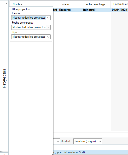 Trados Studio interface showing project filters with options like 'Mostrar todos los proyectos' and project status 'En curso'. No projects are displayed in the list.