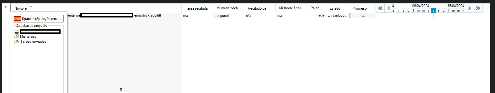Trados Studio interface showing a project folder with a warning icon on 'Spanish (Spain, International Sort)' and a file named 'engr.docx.sdlxliff' in progress at 4%.