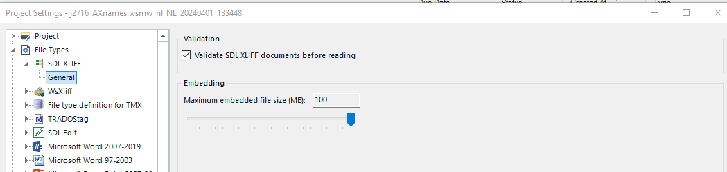 Trados Studio Project Settings window showing the 'SDLXLIFF' section under 'File Types'. The 'Embedding' subsection is expanded with 'Maximum embedded file size (MB):' set to 100.