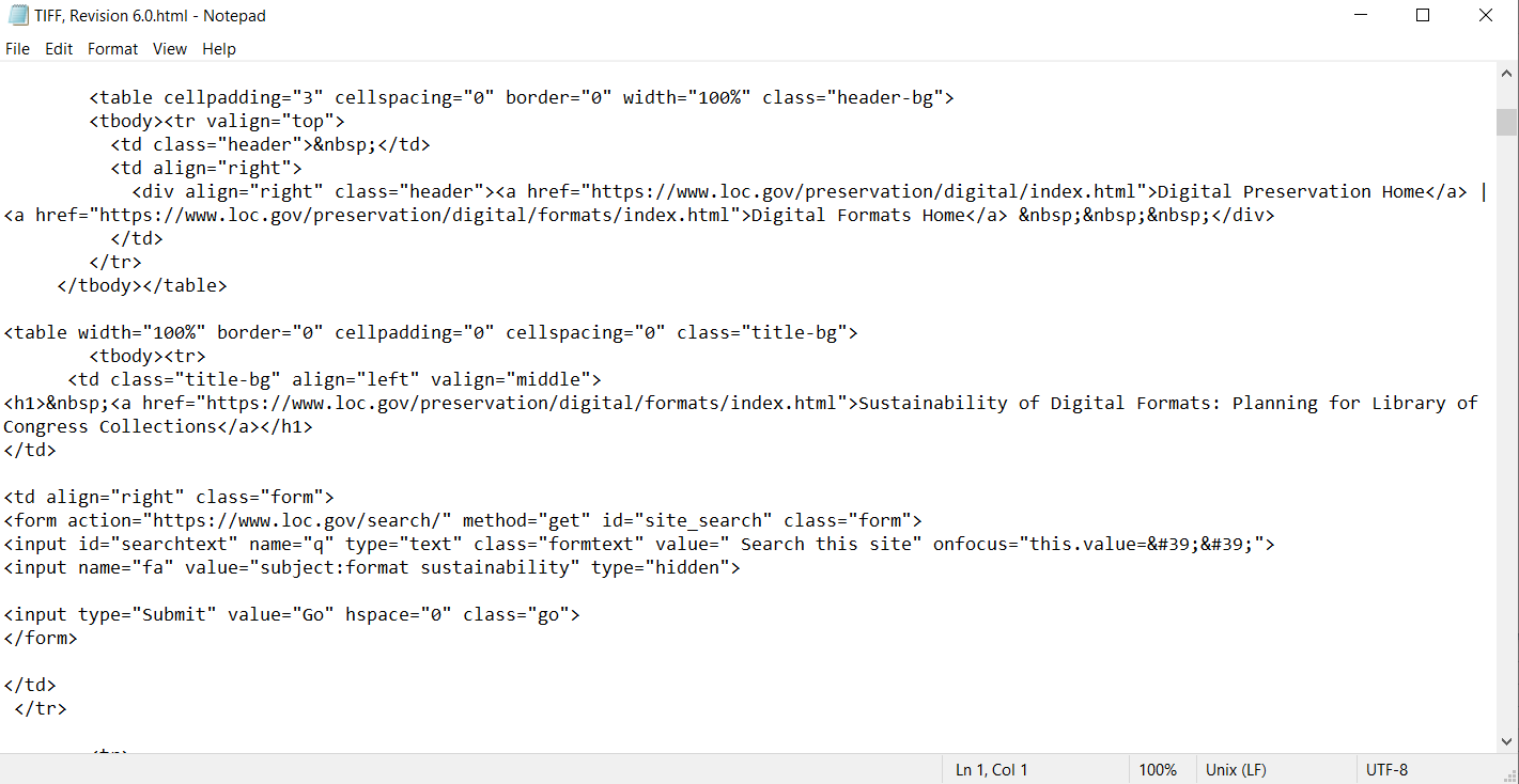 Screenshot of an HTML file opened in Notepad showing code for a search form with 'Search this site' and 'Go' button labels in English.