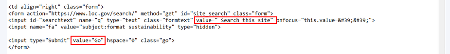 HTML code snippet showing form input fields with values 'Search this site' and 'Go' highlighted in red.